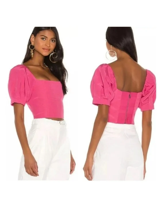 Alice + Olivia Joslyn Pink Puff Sleeve Cropped Top Size 2 - Picture 2 of 8